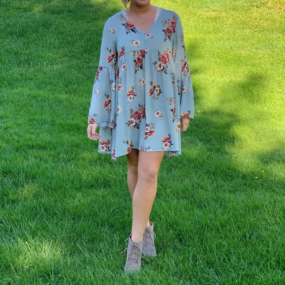 bell-sleeve floral dress